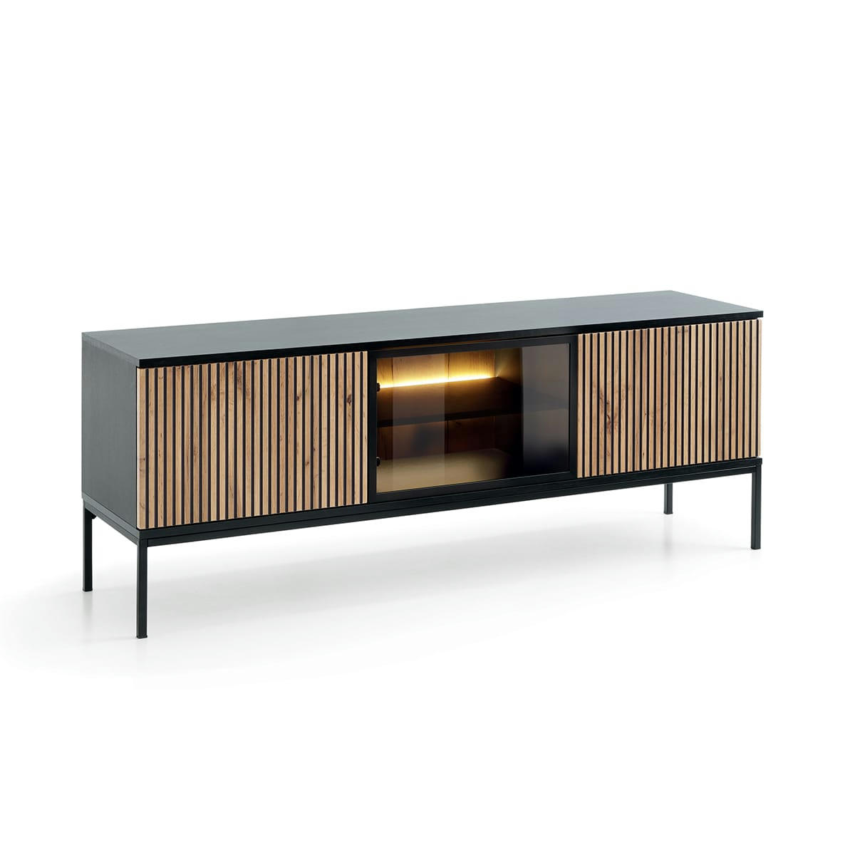- Meuble tv 3 portes led noir et naturel