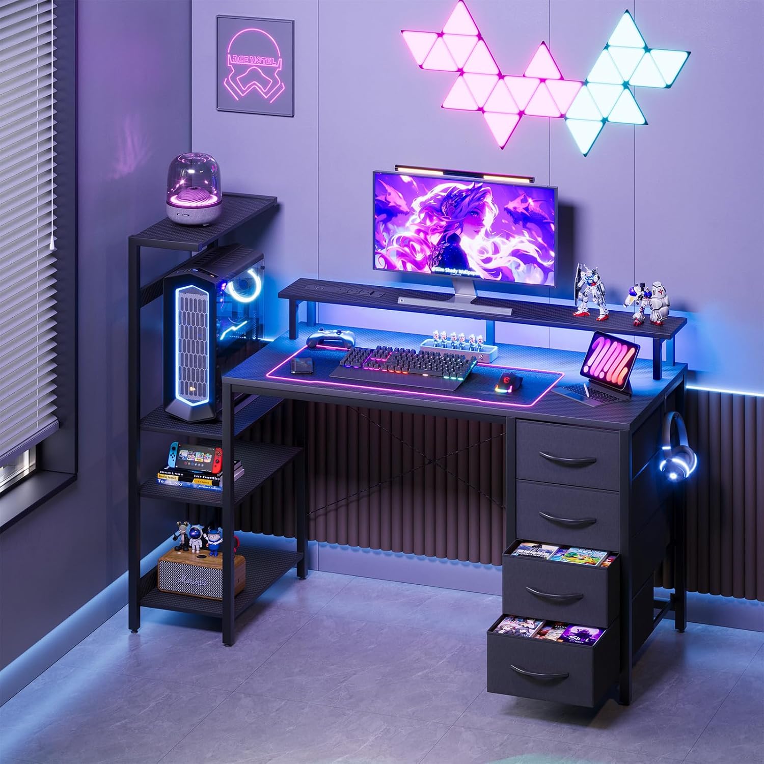 51 Inch Gaming Desk with Power Outlet and LED Lights, Computer Desk with 4 Drawers & Storage Shelves, Reversible Home Office Desk with Monitor Stand for Small Space Bedroom, Carbon Fiber Black