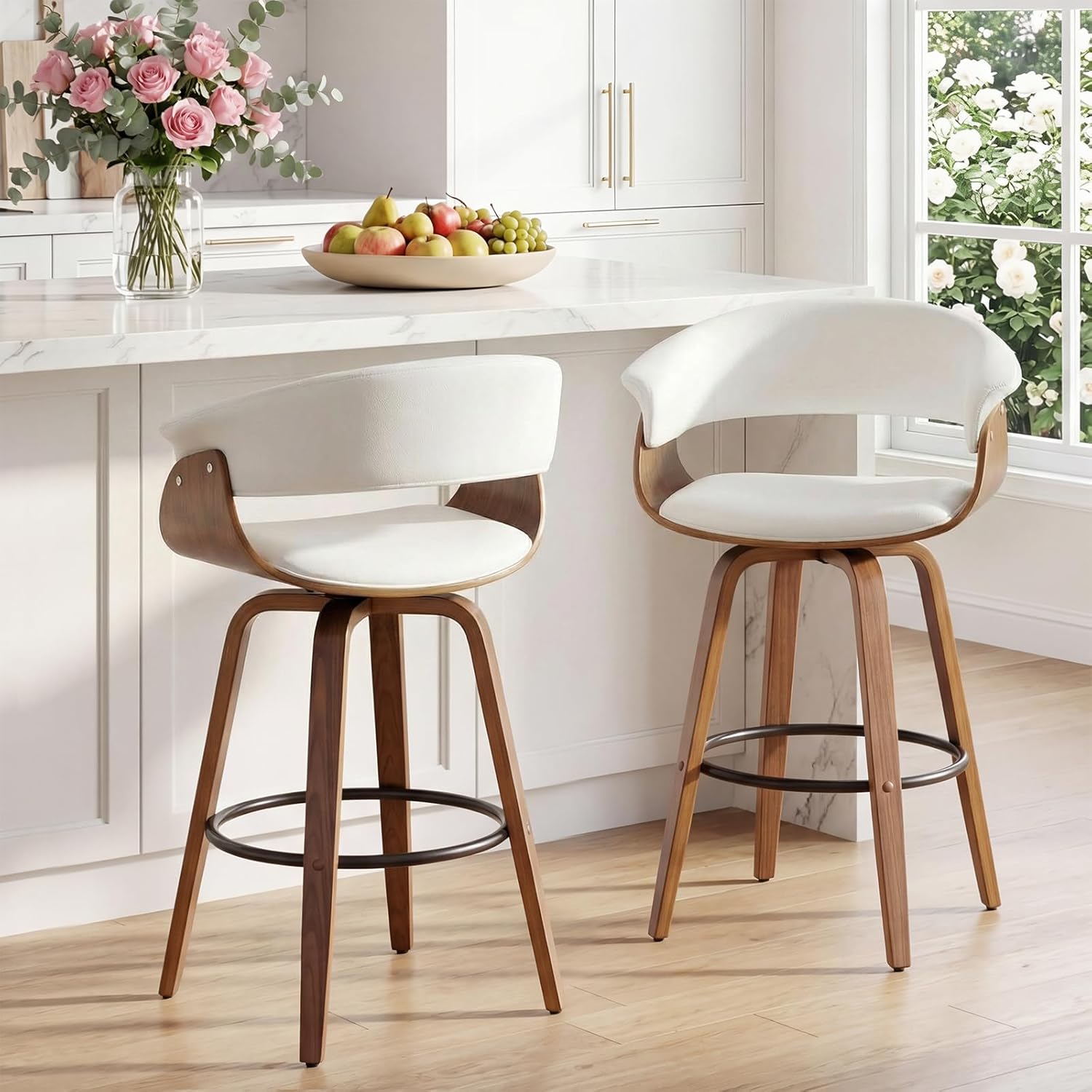 26 Inch Counter Height Bar Stools Set of 2, Mid Century Modern Counter Stool with Bentwood Frame Upholstered Seat for Kitchen Island/Counter, Cold White