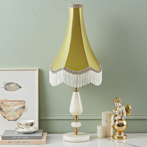 SOGA Jade Stone Base Table Lamp Vintage Yellow Shade Tassel Fringe Bedside Desk Light