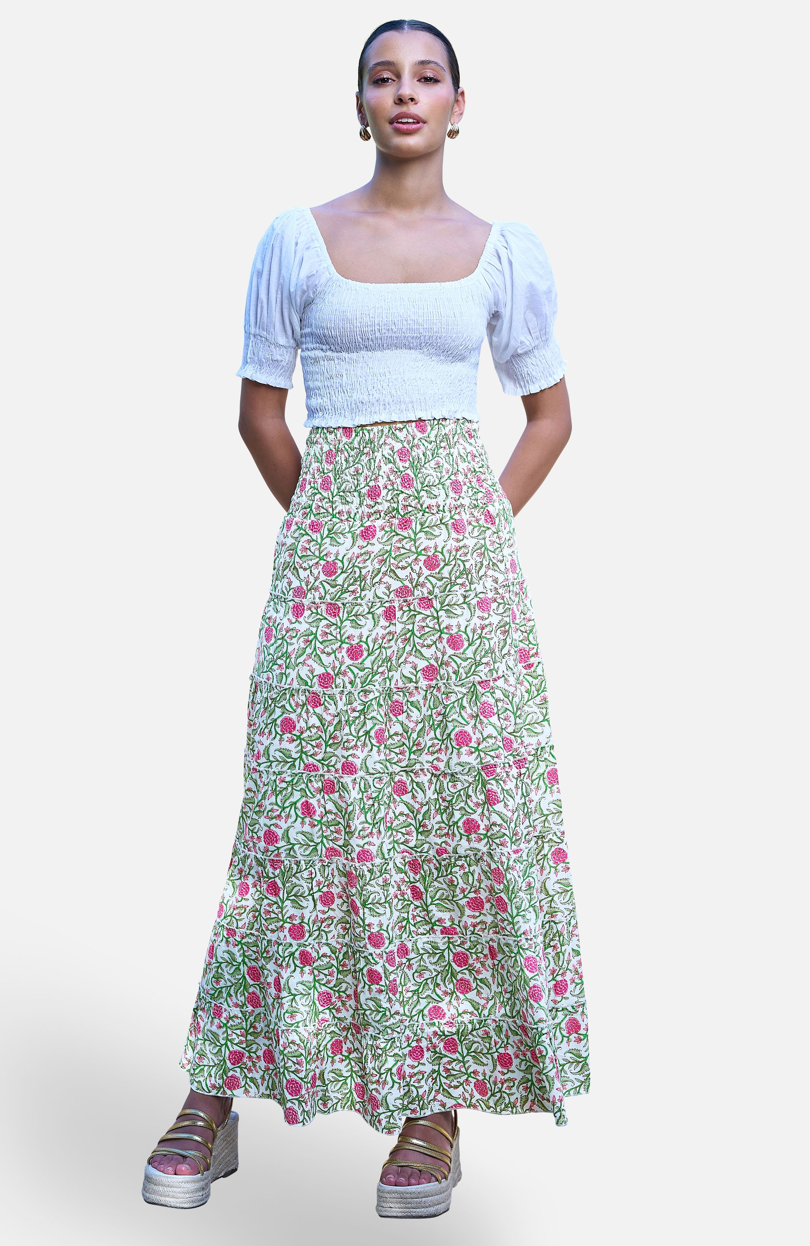Yumi White Boho Print Cotton Floral Maxi Skirt