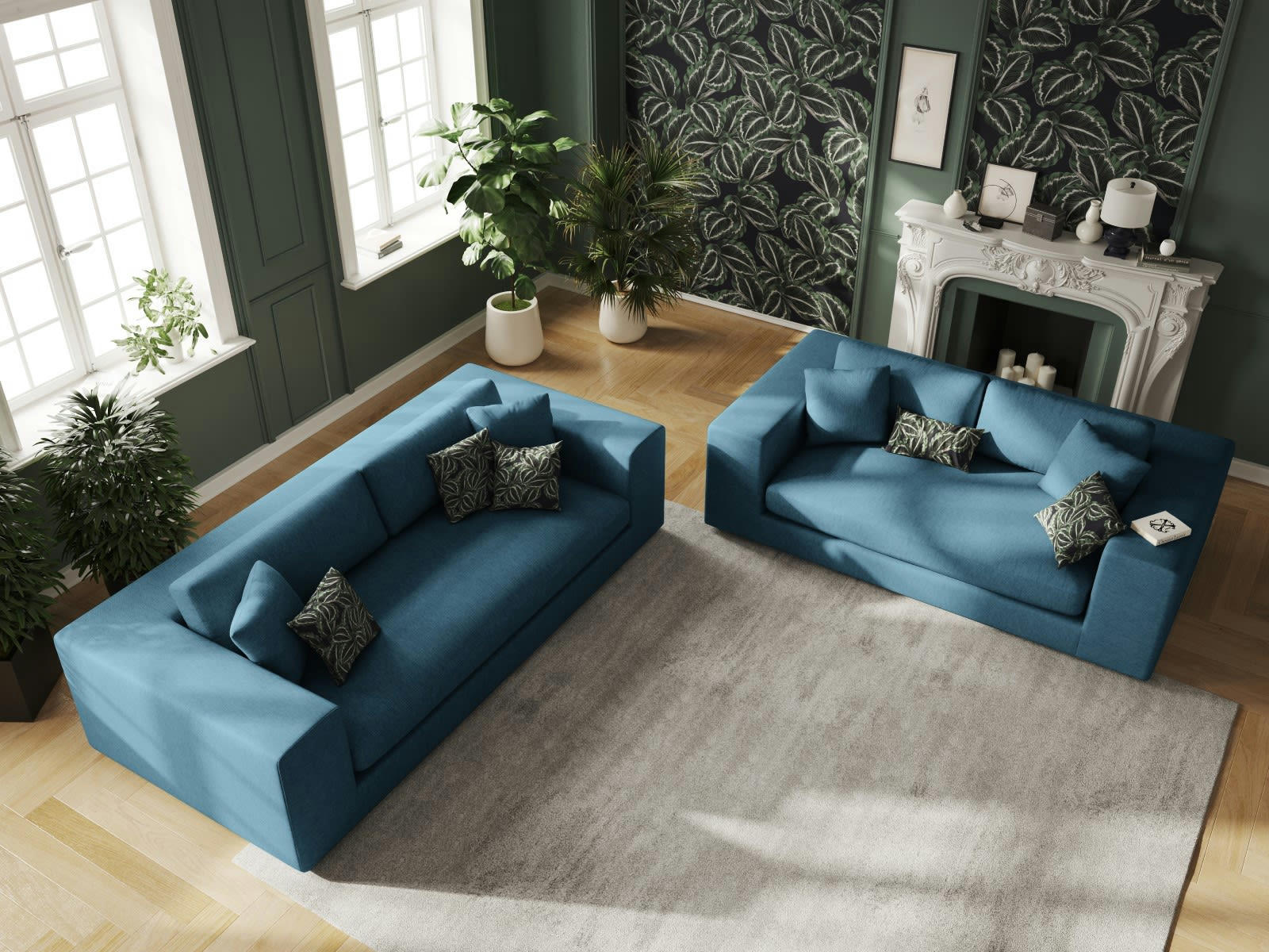 TENDANCE - Canapé 3 places en Tissu Structurel Bleu