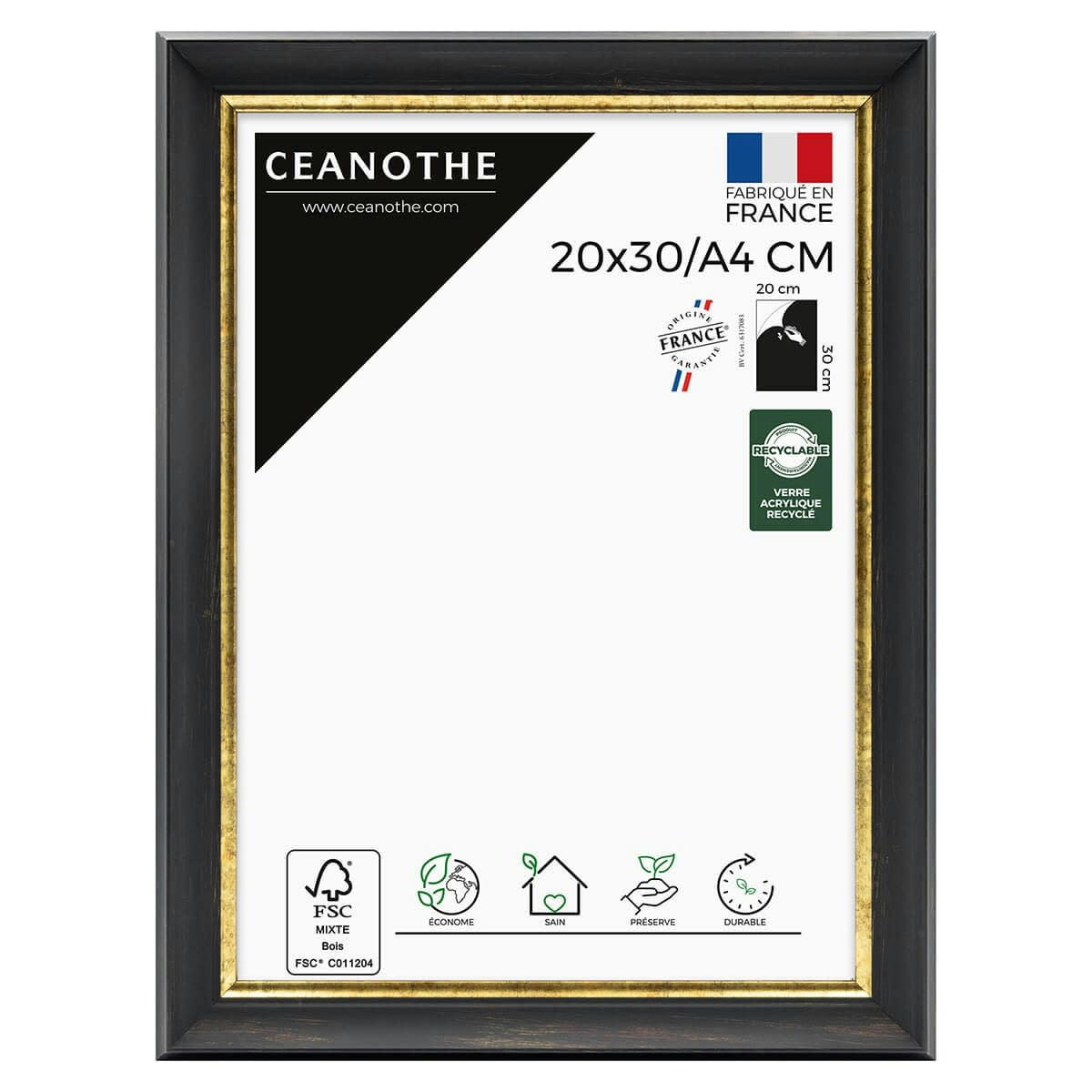 PANDORE - Cadre photo noir et finition doré 20x30/A4 cm résine recyclée