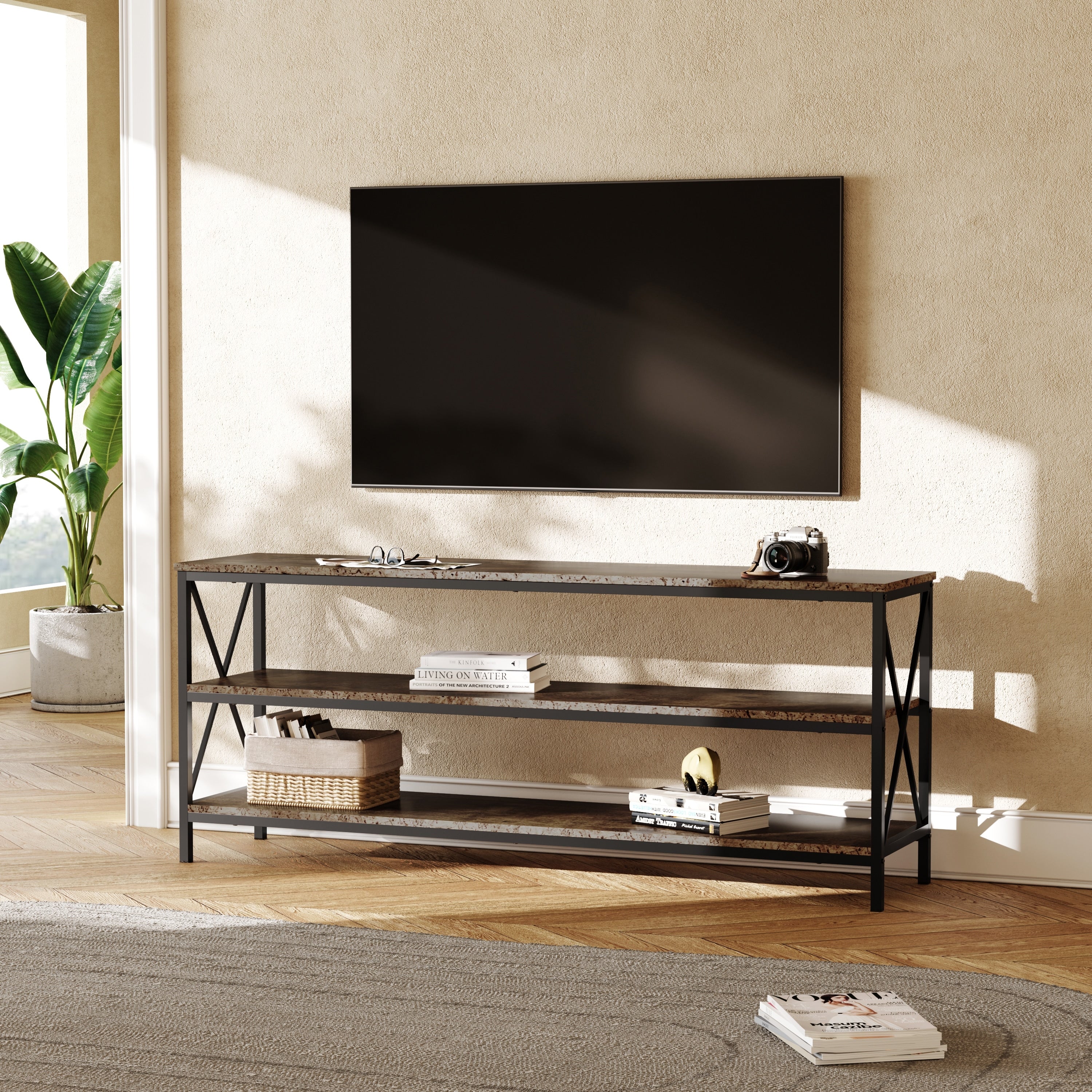 Industrial 57.8-Inch Wide Wood TV Stand Media Console