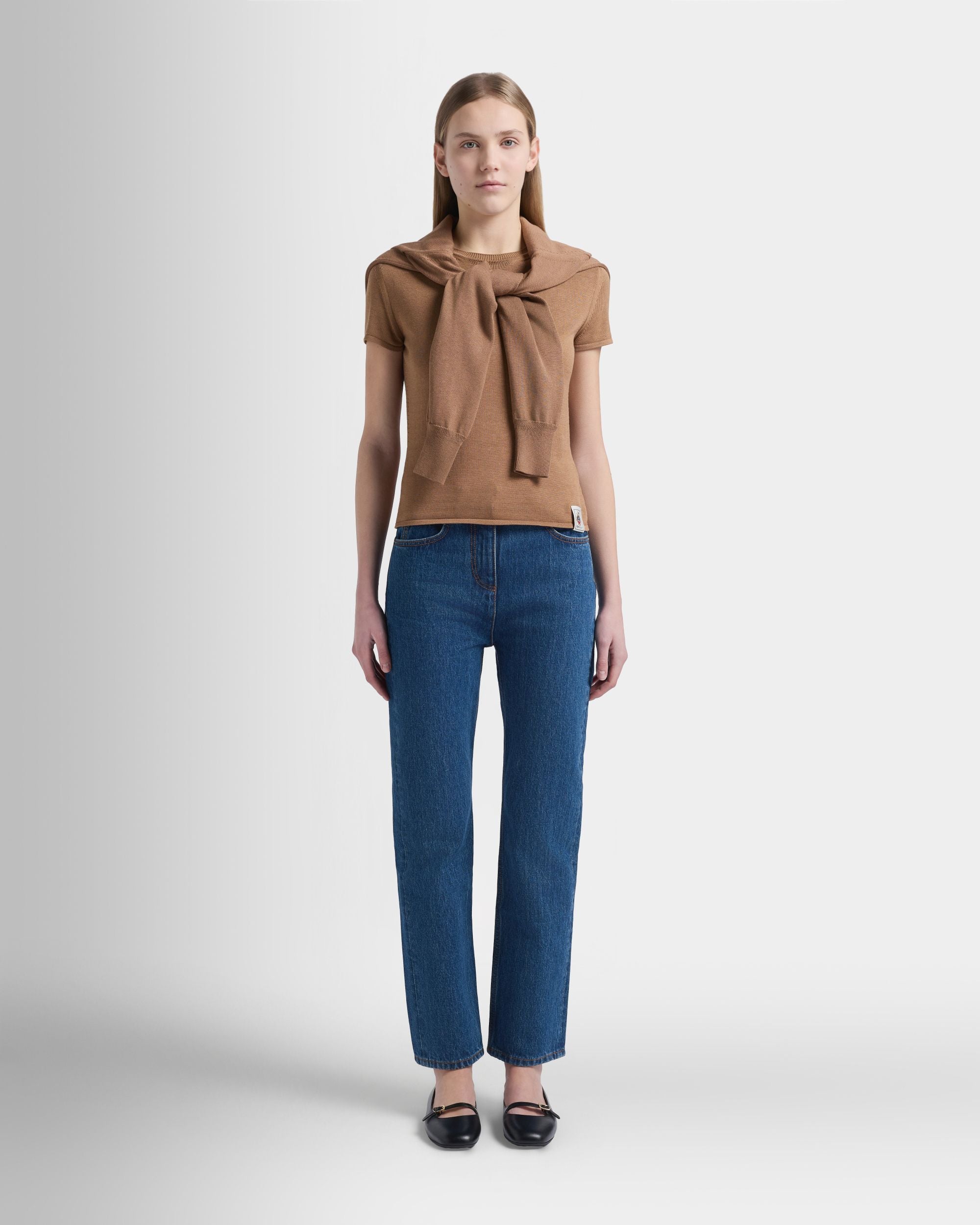 Strickoberteil aus Baumwolle und Seide in Camel