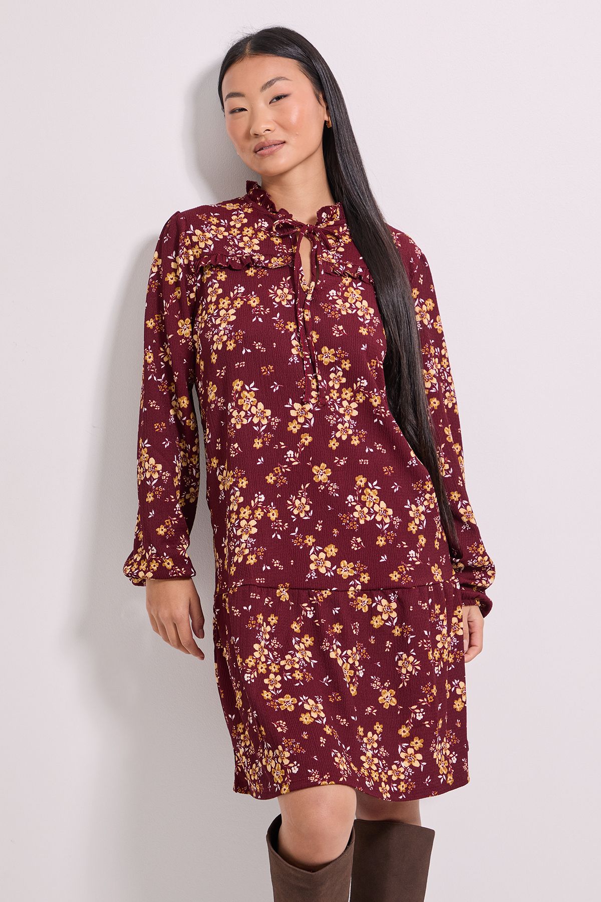 Dorothy Perkins Petite Yellow Floral Tie Neck Tiered Smock Jersey Mini Dress