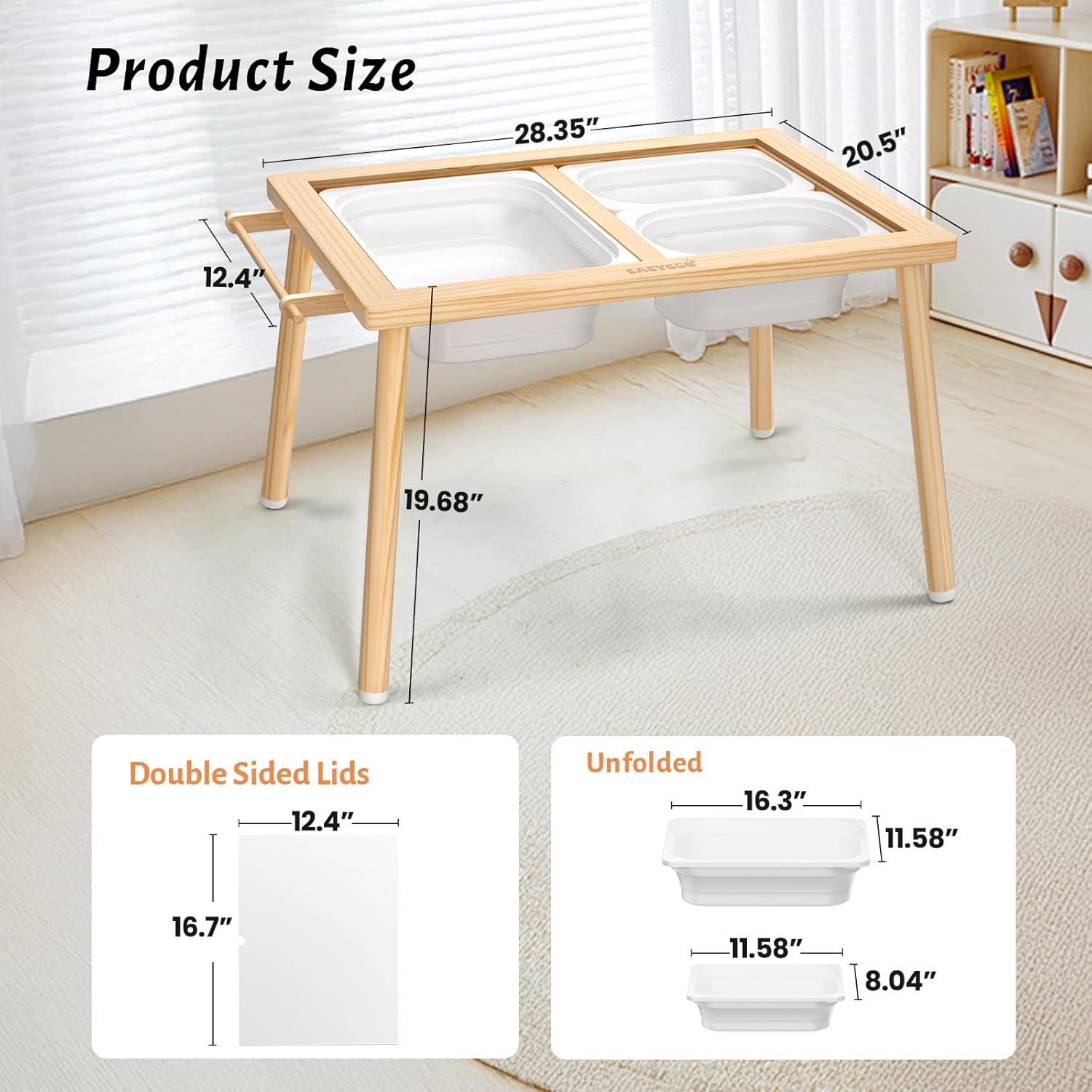 Easyego Sensory Table for Toddlers Kids Play Wooden Sand Water Table with Double-Sided Board & Foldable Storage Bins for Indoor and Outdoor Use, Birthday Gifts for Boys and Girls-Natural Color