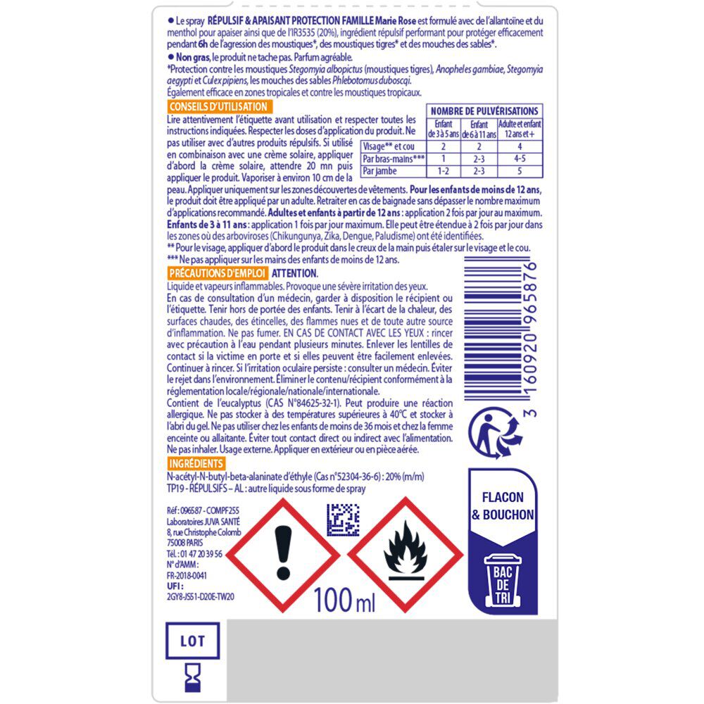 Spray anti-moustiques répulsif et apaisant Marie Rose 6H de protection 100ml