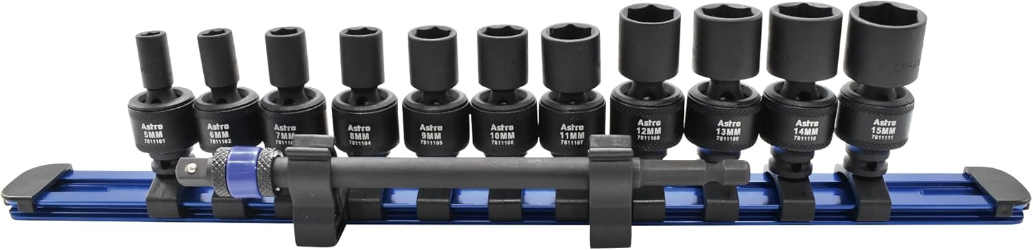 Astro Tools 78111 12pc 1/4 Square & Hex Drive Magnetic Universal 6pt Impact Socket Set for Impact Wrenches & Drivers
