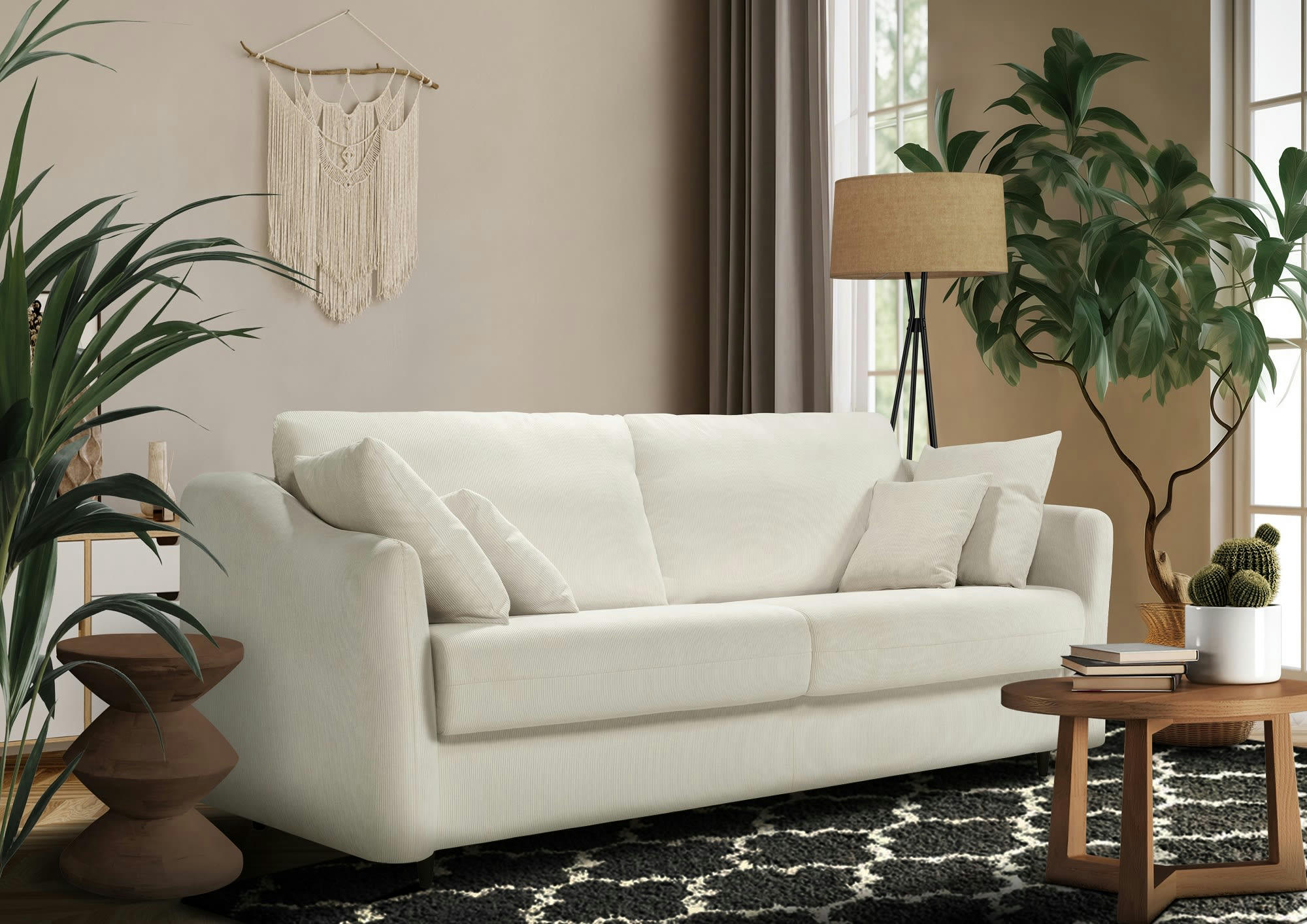 CAPELLA - Canapé droit convertible 3 places  en velours côtelé beige