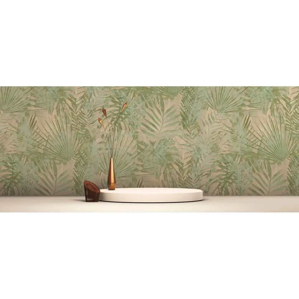 A.S. Cr&eacute;ation behang tropische bladeren groen en beige - 53 cm x 10.05 m