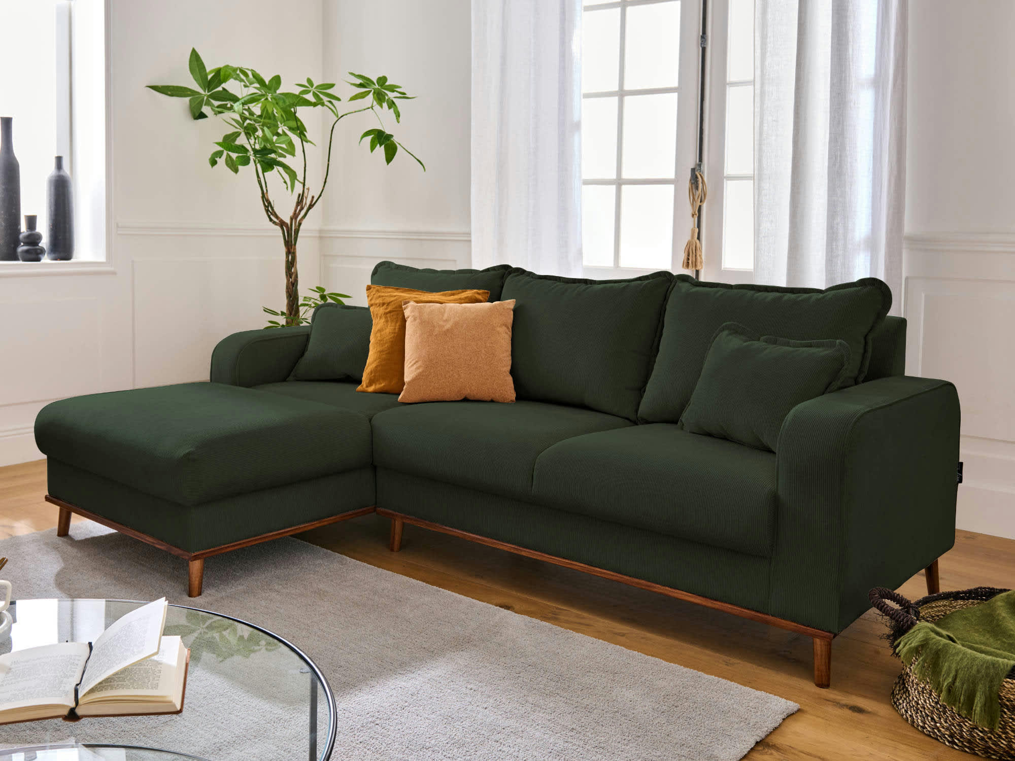 BILLIE - Canapé d'angle gauche 4 places en velours côtelé vert
