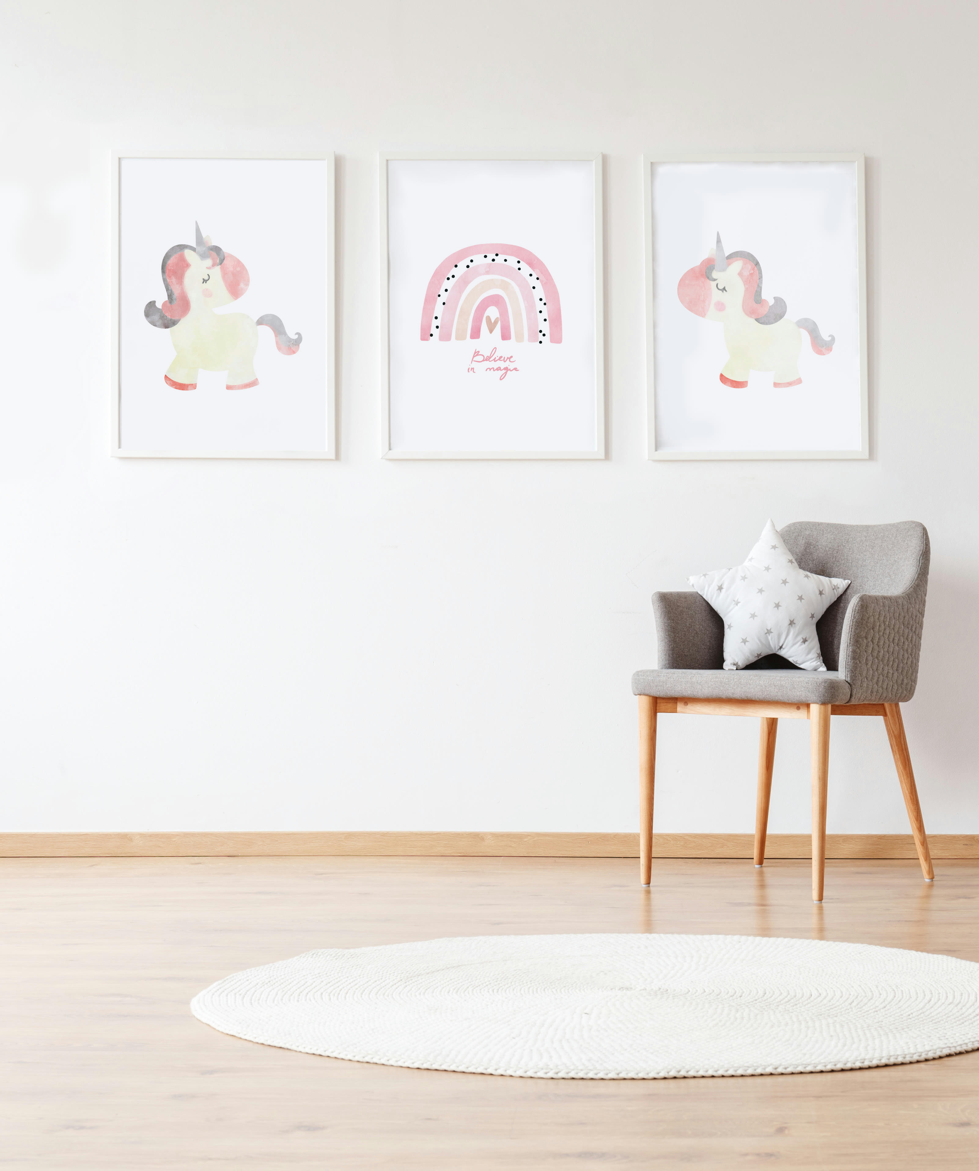 DECOWALL - Pack encadré bois blanc impression licornes 43X33 cm