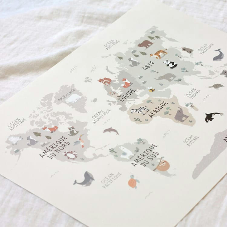 - Affiche carte du monde animaux (42 x 29,7 cm)
