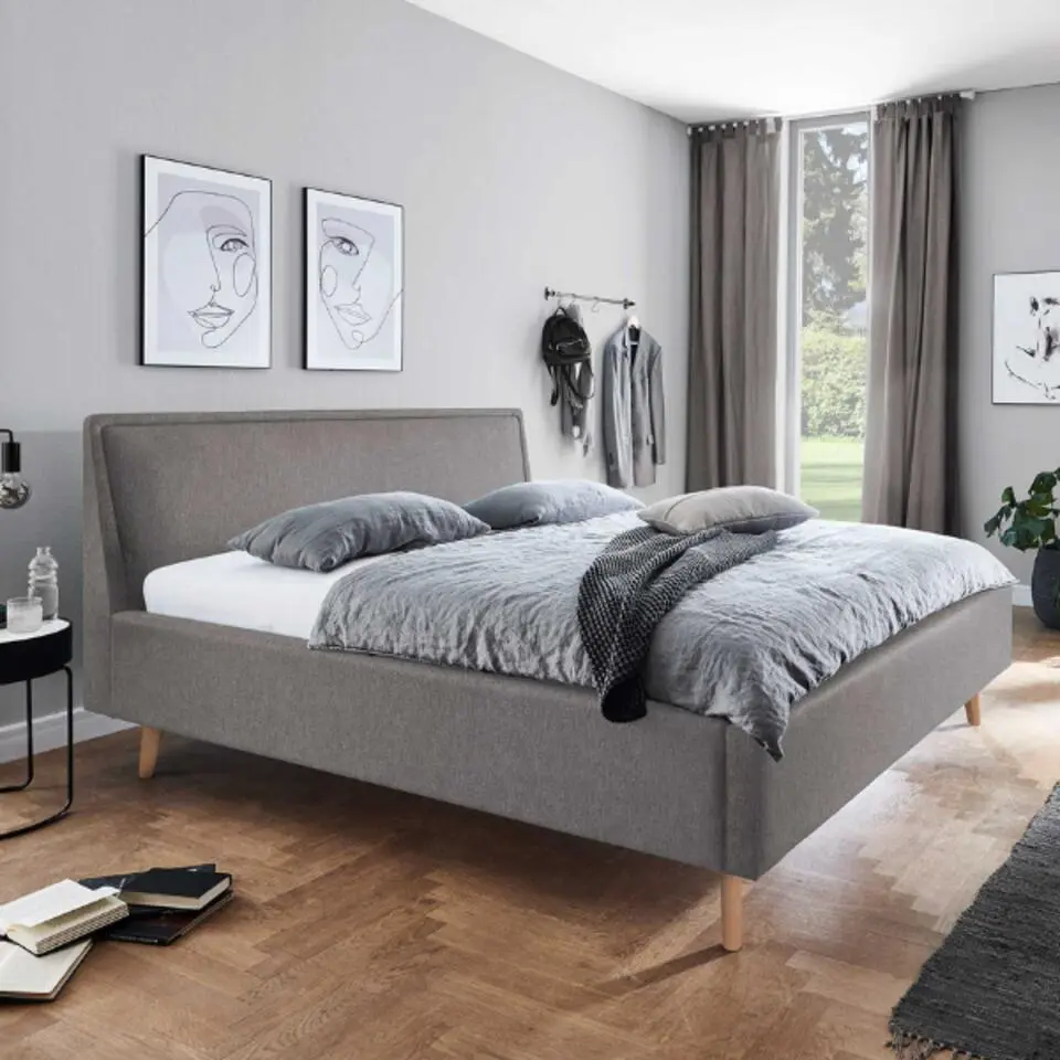 Tweepersoonsbed Estee 180x200cm met opbergruimte - lichtgrijs/eik