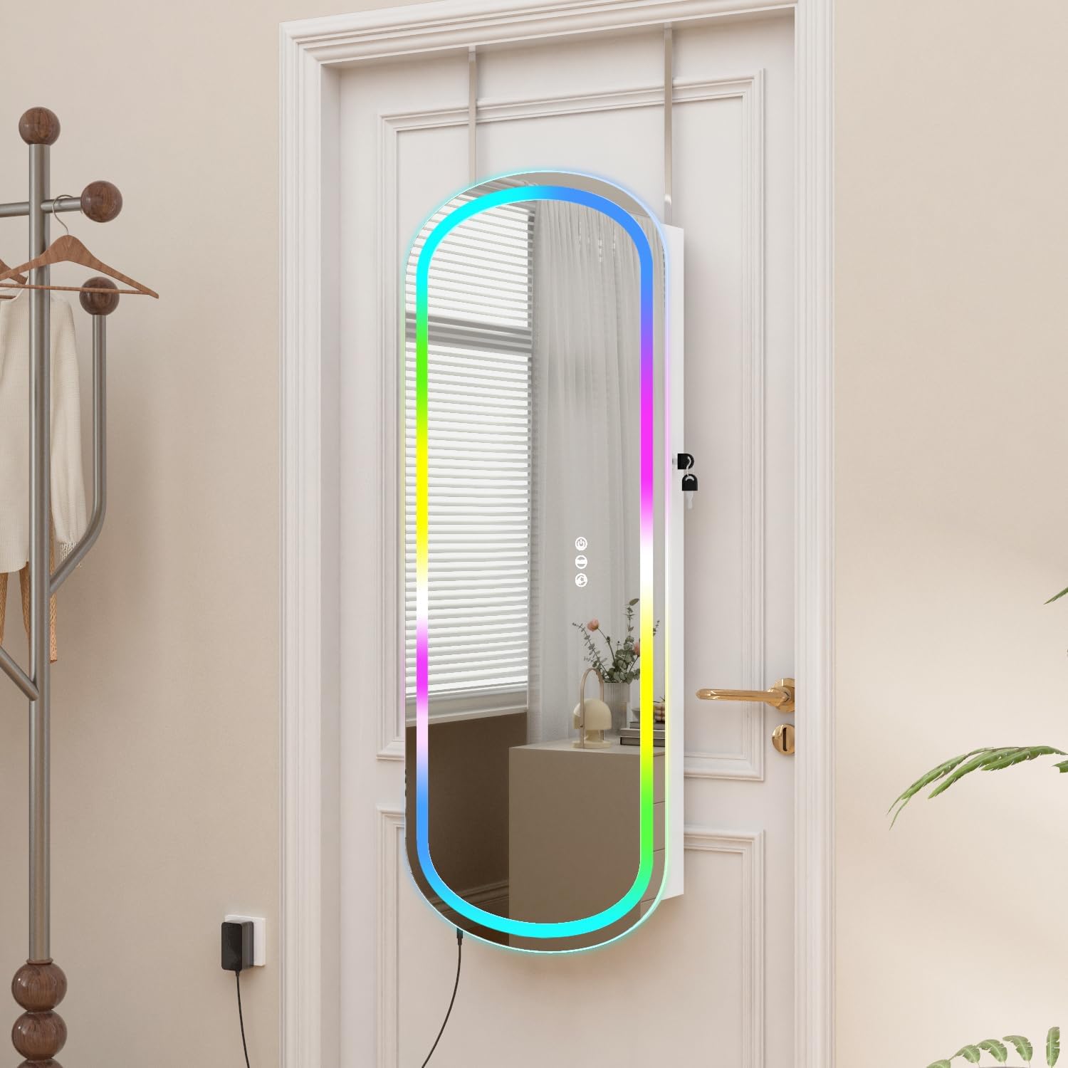 LED Jewelry Cabinet Wall/Door Mounted,RGB Lighted Mirror Jewelry Armoire Organizer Over the Door Full-Length Lockable Rounded Wide Mirror with Storage Interior Mirror Gift for Her Chrismas White