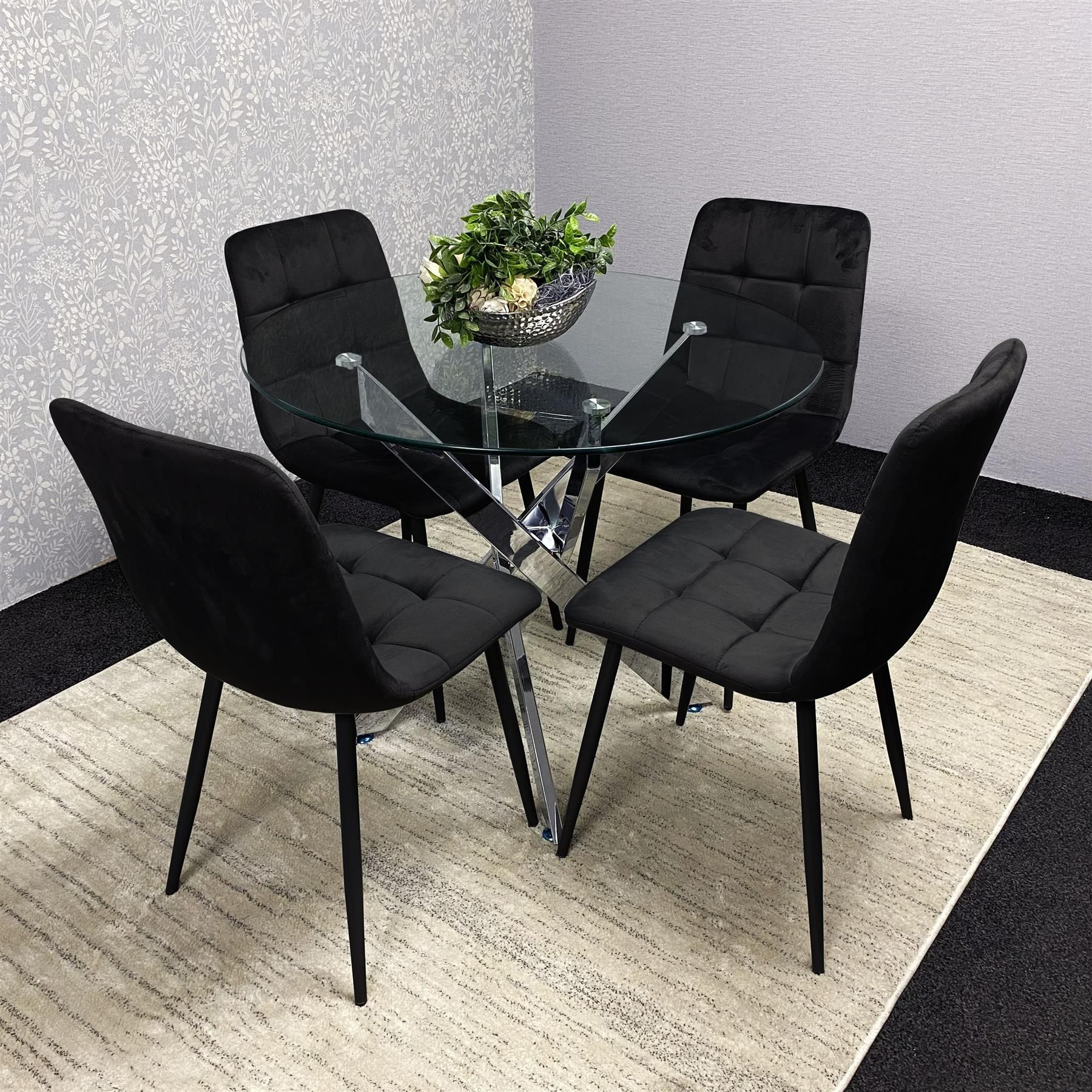 KOSY KOALA Kosy Koala Round Glass Dining Table Set With 4 Black Velvet Chairs Dining Room Furniture