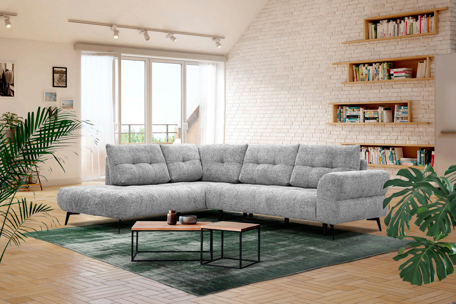 SALVINI - Canapé d'angle gauche 5 places tissu gris