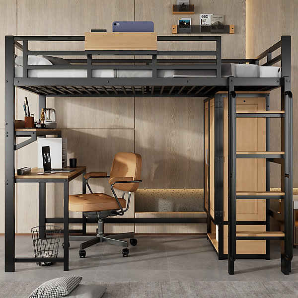 Lit mezzanine 90x200 cm avec bureau et étagère - armoire à portes doubles et échelle - Métal MDF - Noir Naturel (sans matelas)