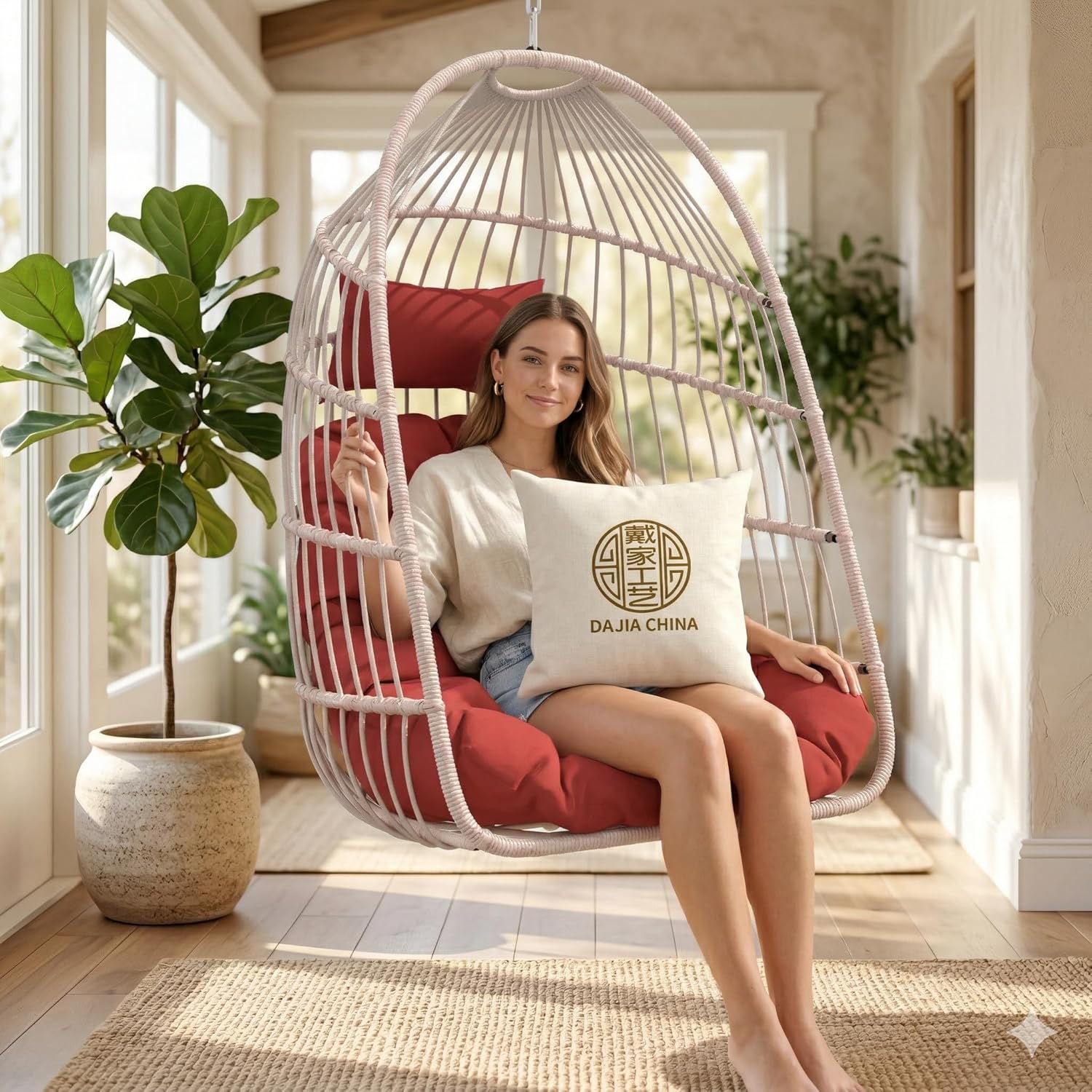 Hanging Egg Chair with Pillow, HDPE Rattan Foldable Swing Chair with Aluminum Frame & UV Resistant Cushion, Hammock Egg Basket Without Stand for Indoor Outdoor, 350Lbs Capacity (Red Cushion)