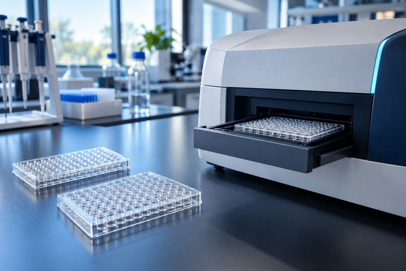 Illustrative laboratory scene with a microplate reader and clear multiwell plates on a bench.