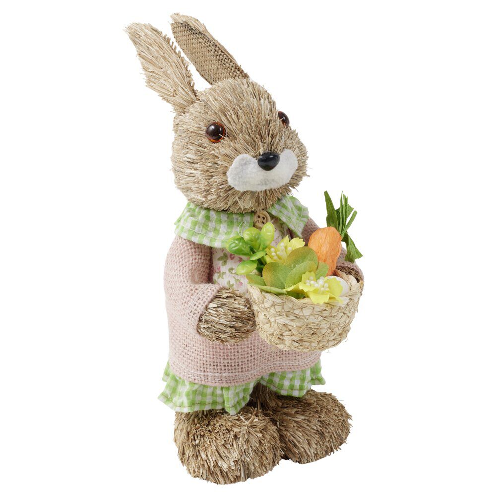 Décoration à poser lapin fermier en paille avec accessoires H32cm (2 modèles)