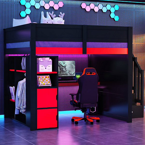 Lit Mezzanine 140x200 cm - avec Bureau Intégré, Escalier de Rangement et LED, Ports USB - MDF   Contreplaqué - Noir et Rouge