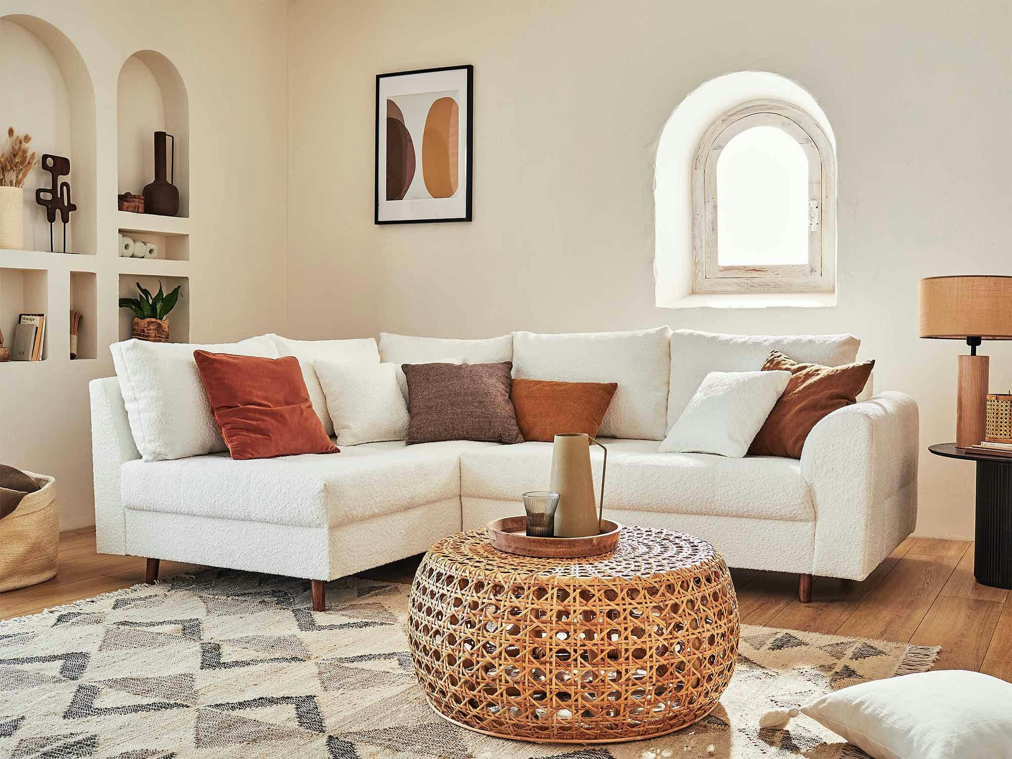 RUNE - Canapé d'angle gauche 4 places en tissu bouclette blanc