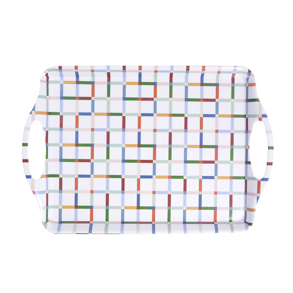 Plateau rectangulaire blanc motifs carreaux multicolores 34x50,5cm