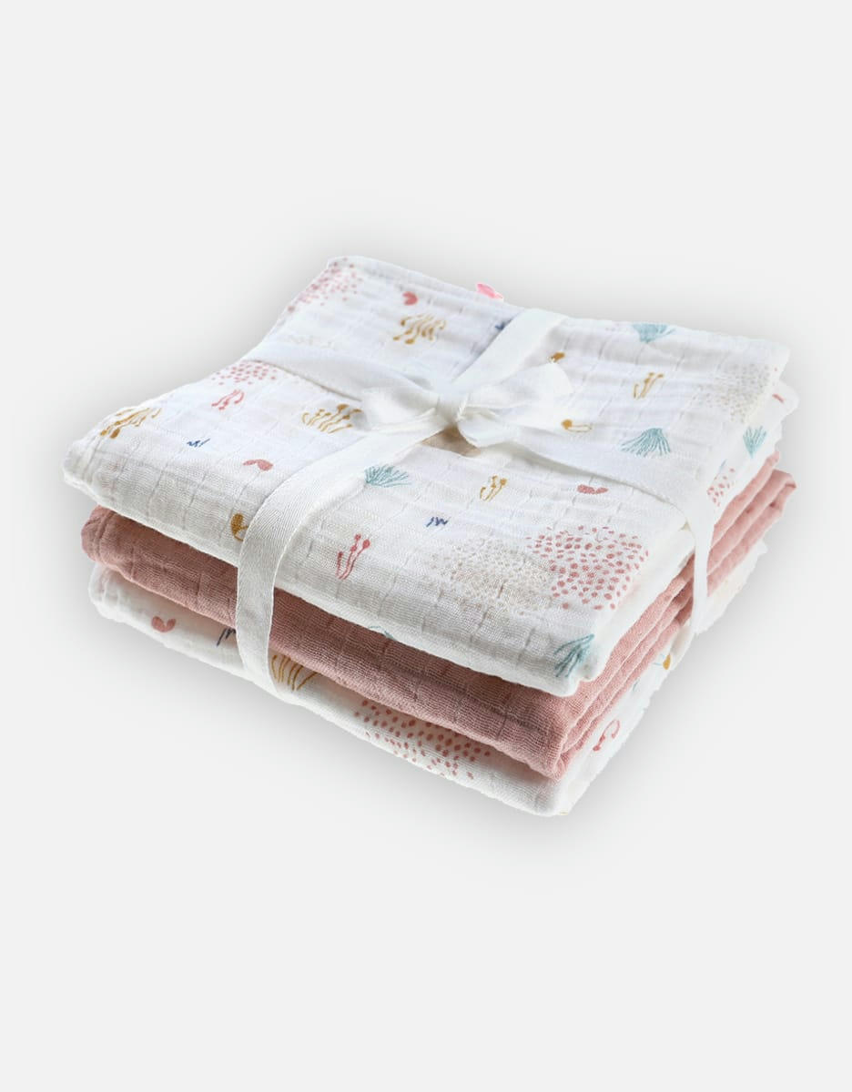 - Set de 3 langes 70 x 70 cm mousseline de coton BIO, écru/rose clair