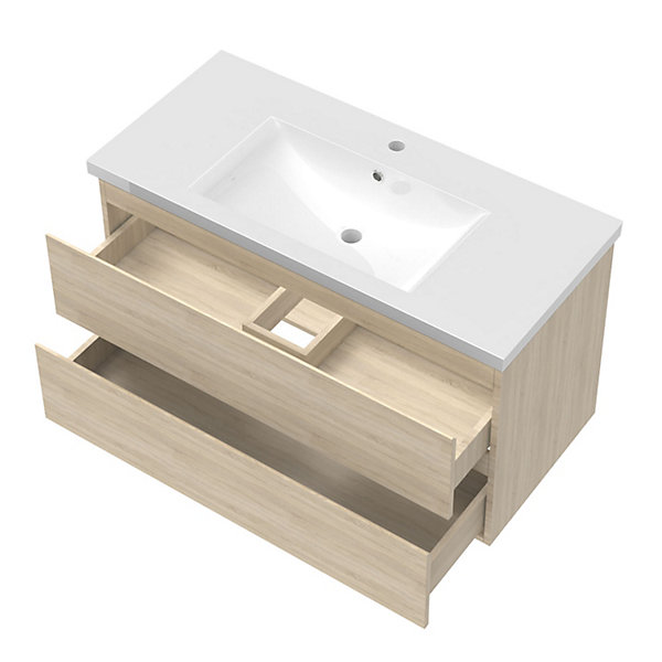 Ensemble meuble de salle de bain 100cm, vasque céramique et LED miroir mural, chêne