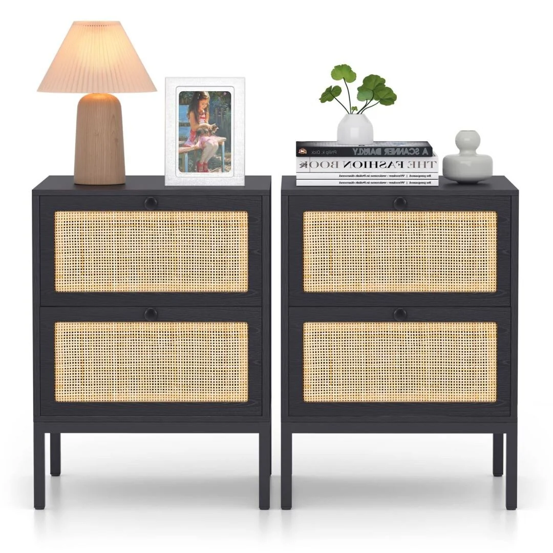 Boho Natural Rattan Nightstand with Drawer Set of 2