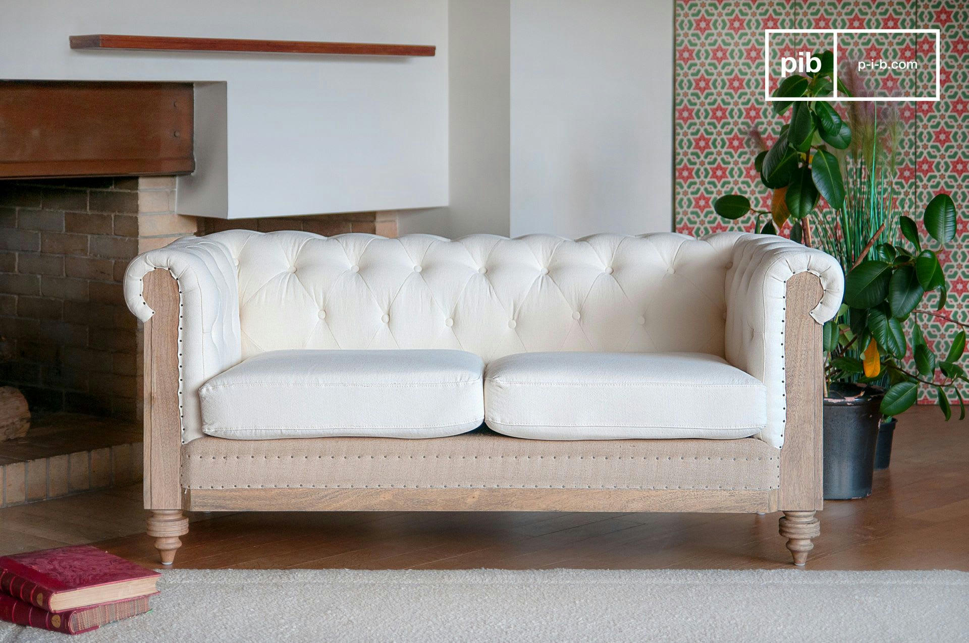 MONTAIGU - Canapé chesterfield 2 places en lin blanc