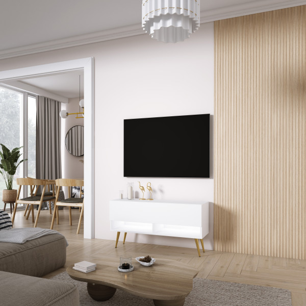 Szafka RTV Biały Mat, nogi pochyłe złote, LED biały, 100 x 32 x 52 cm