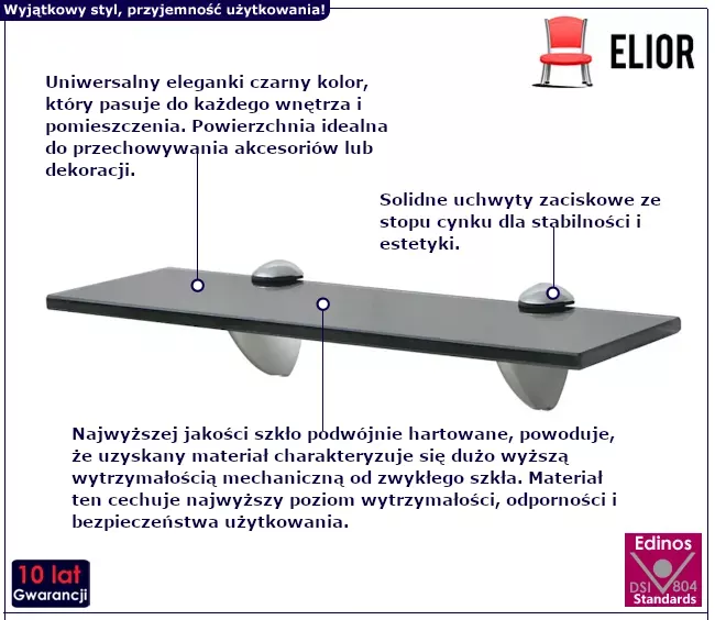 Czarna solidna półka szklana 30x10 - Zevian