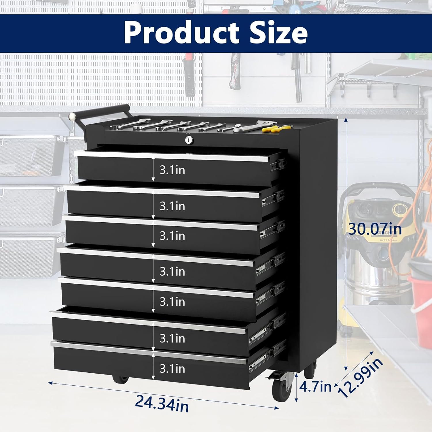 24-inch 7-Drawer Rolling Tool Chest with Lock System, Portable Tool Box with Wheels, Secure Storage Cabinet for Warehouse, Workshop, and Repair Shop, Black