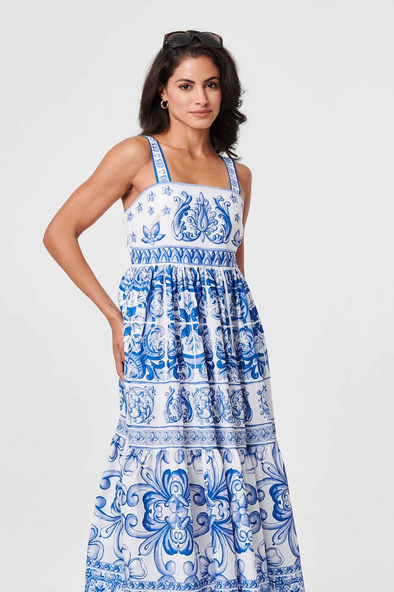 Izabel London Mosaic Print Wide Strap Midi Sun Dress