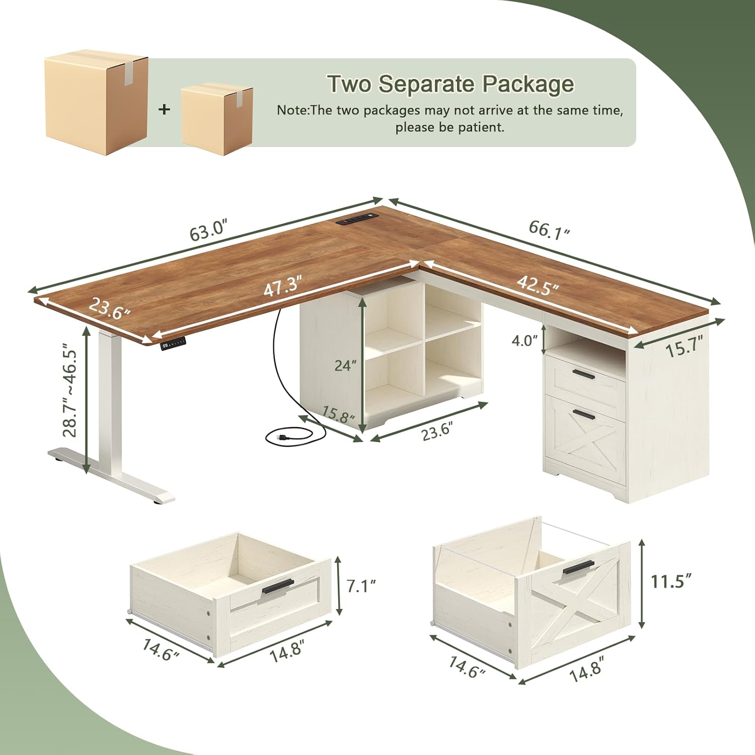 Farmhouse L Shaped Standing Desk, 66 inch Corner Electric Standing Desk with Drawers ＆ Storage Shelves, Height Adjustable Computer Desk with Power Outlets for Home Office, Antique White