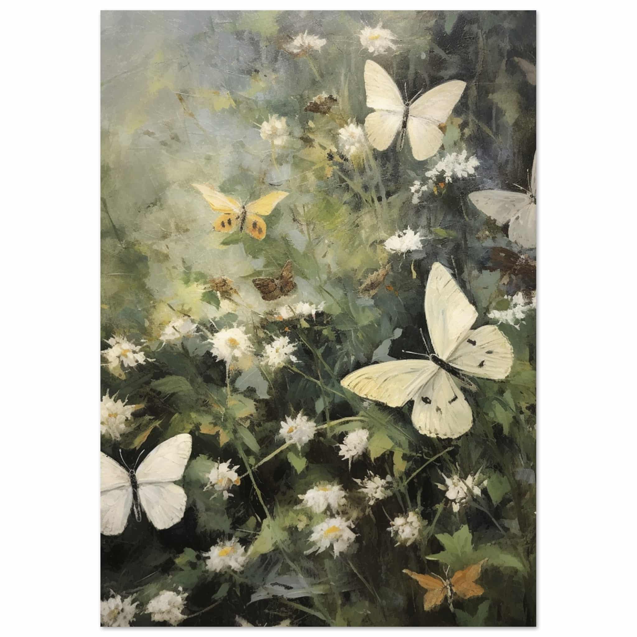 Artfulprints Poster Butterflies in flowerfield  - A4 21x29.7 cm - Donkergroen