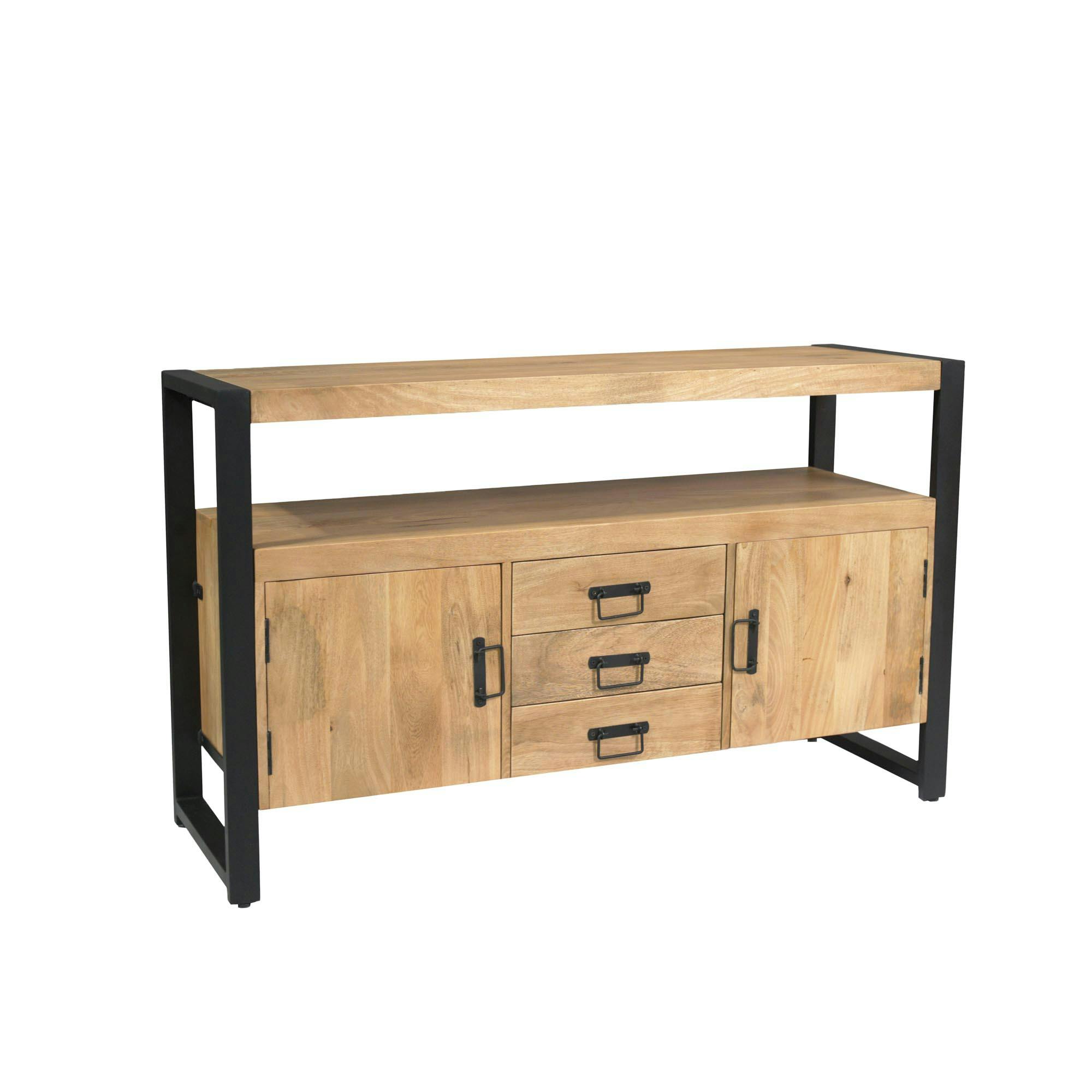 Buffet salon bois clair métal noir 2 portes 3 tiroirs MILORA