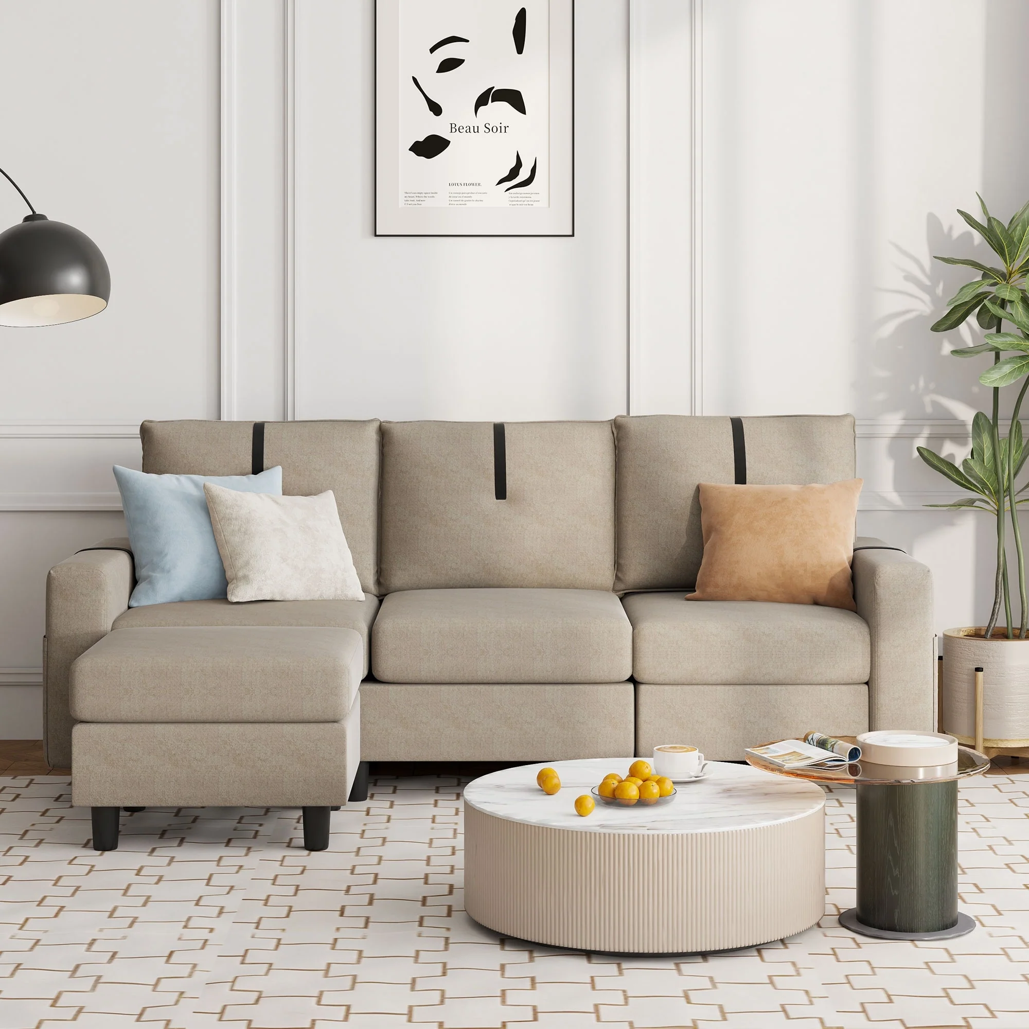 Sectional Sofa with Reversible Ottoman for Living Room