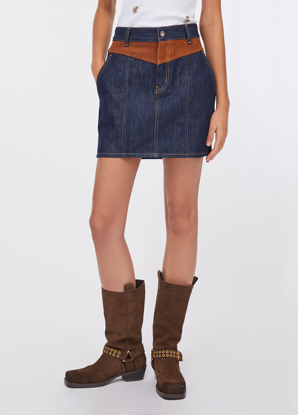 Minigonna in denim con inserto in suede