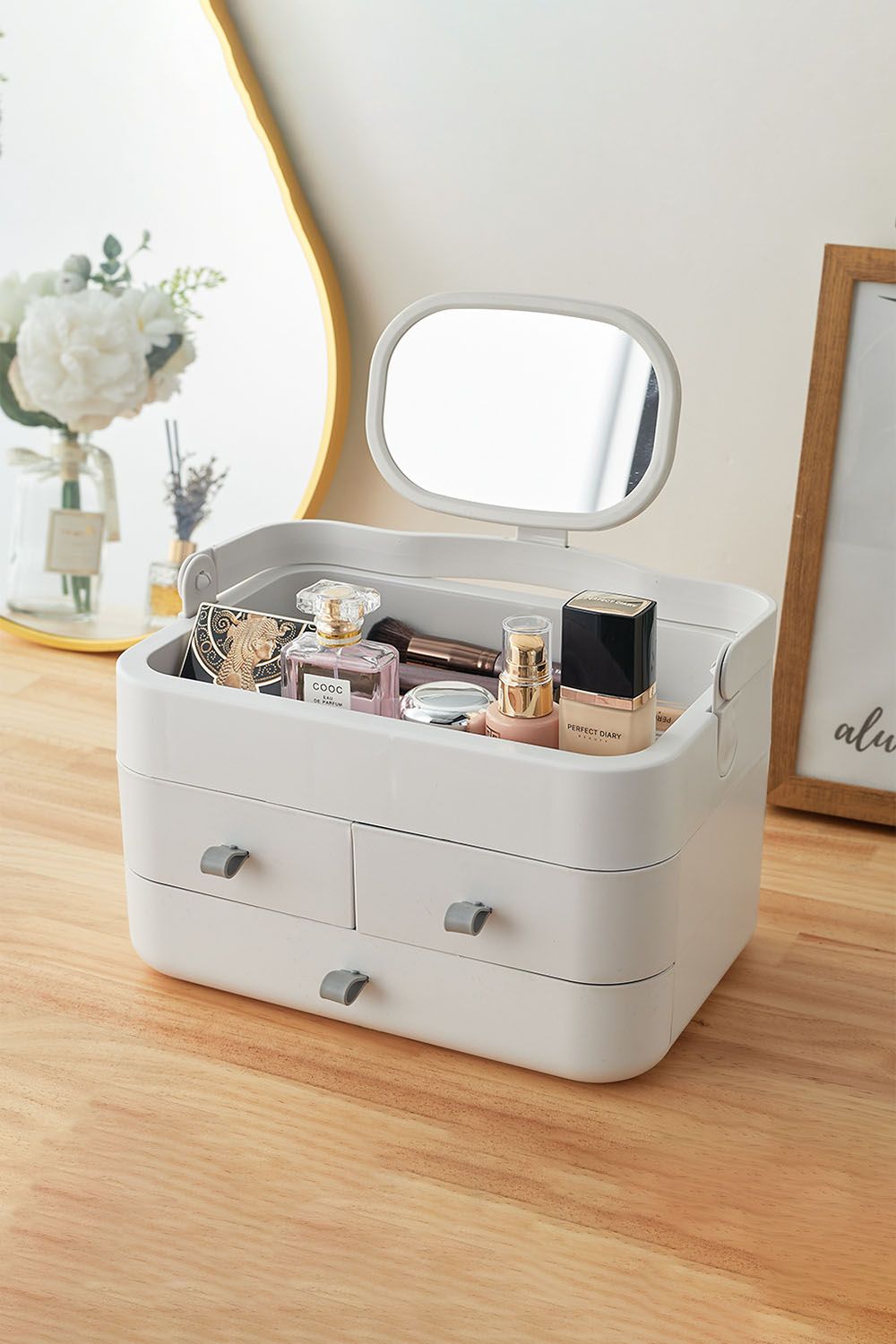 Living and Home 3 Drawers Modern Makeup Organizer with Mirror