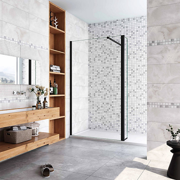 Paroi de douche noir 110 x 200 cm avec volet pivotant à 180 degré- Verre anticalcaire- 73-120 cm Barre de stabilisation