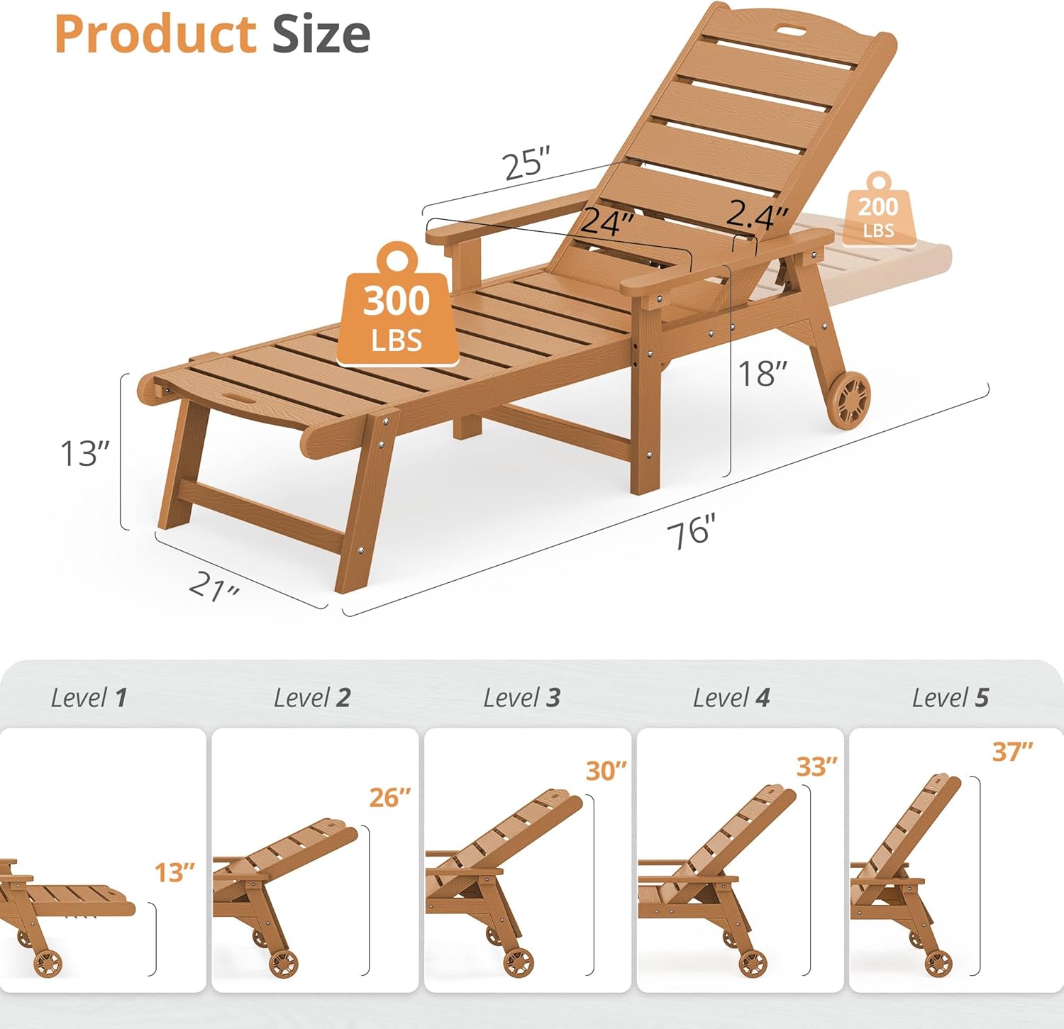 LUE BONA Outdoor Chaise Lounge Chairs Set of 2  HDPS Chaise Lounger  5 Positions Adjustable Lounge Chairs  Pool Lounge Chair with Wheels for Poolside  Patio  Restaurant  3 Year Warranty  Teak Color
