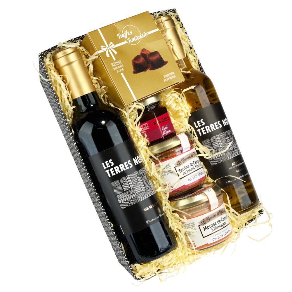 Panier gourmand No&euml;l garni 2 bouteilles de vin 2 pâtés avec truffes et confit