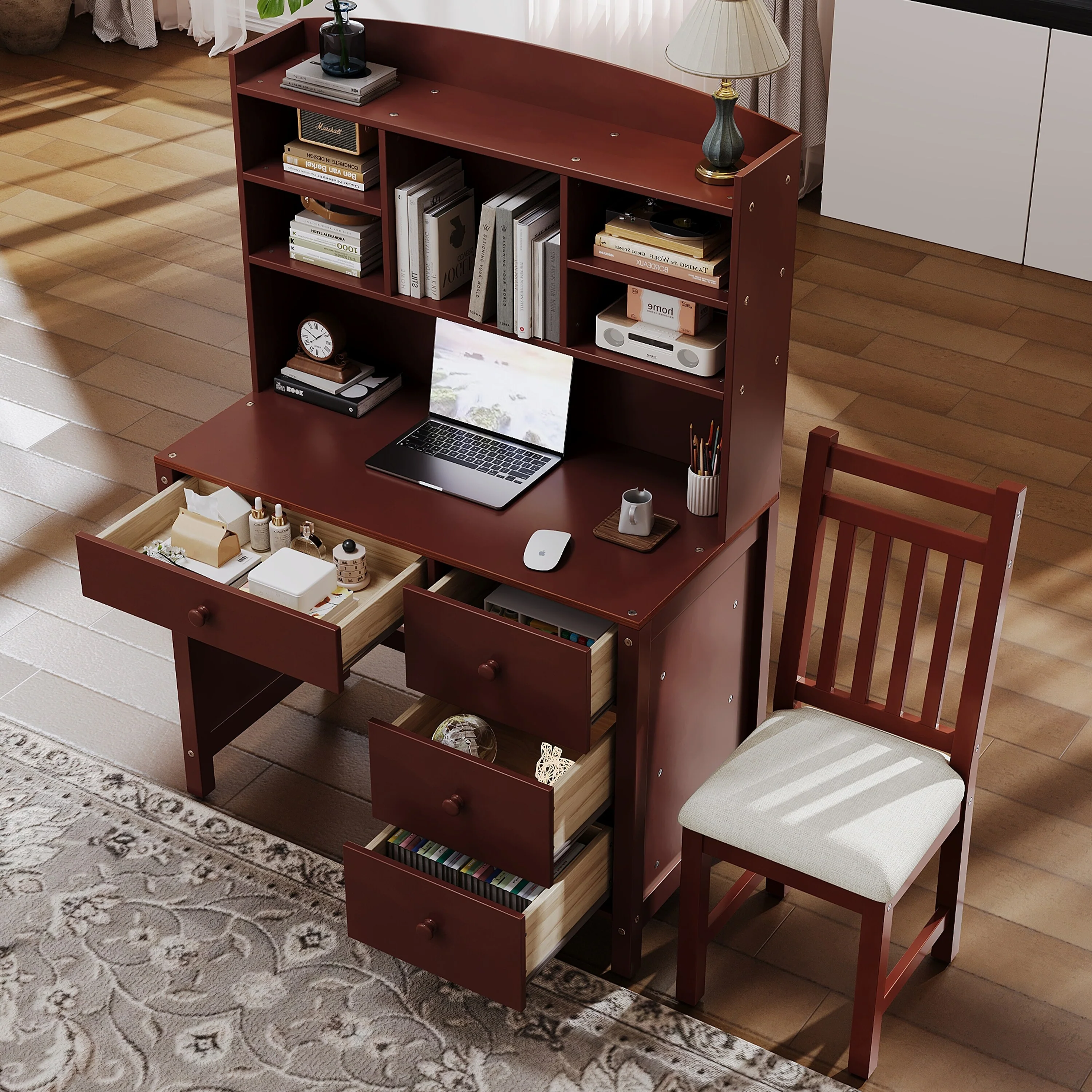 Home Office Set with Upholstered Chair & Built-in Bookshelf, Executive Desk with Storage Drawers & Comfortable Seating