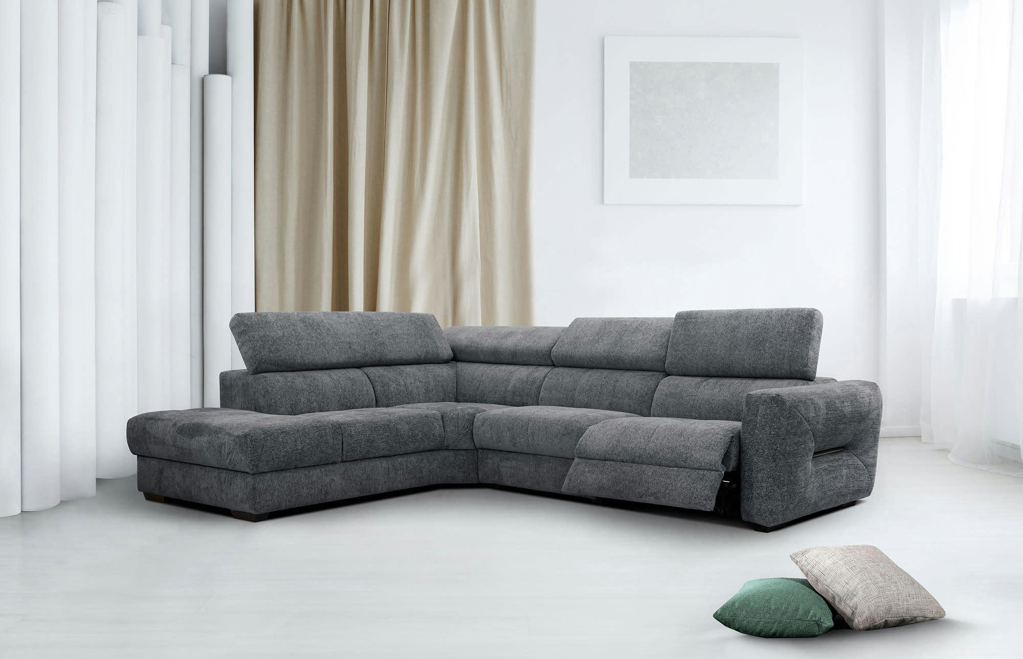 CALVERA - Canapé d'angle gauche 5 places avec relax électrique tissu gris foncé