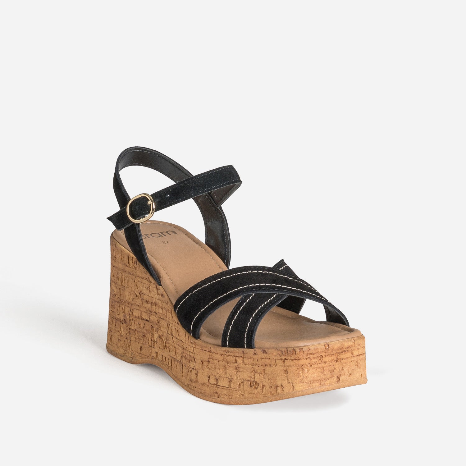 Sandale compensée noire cuir velours