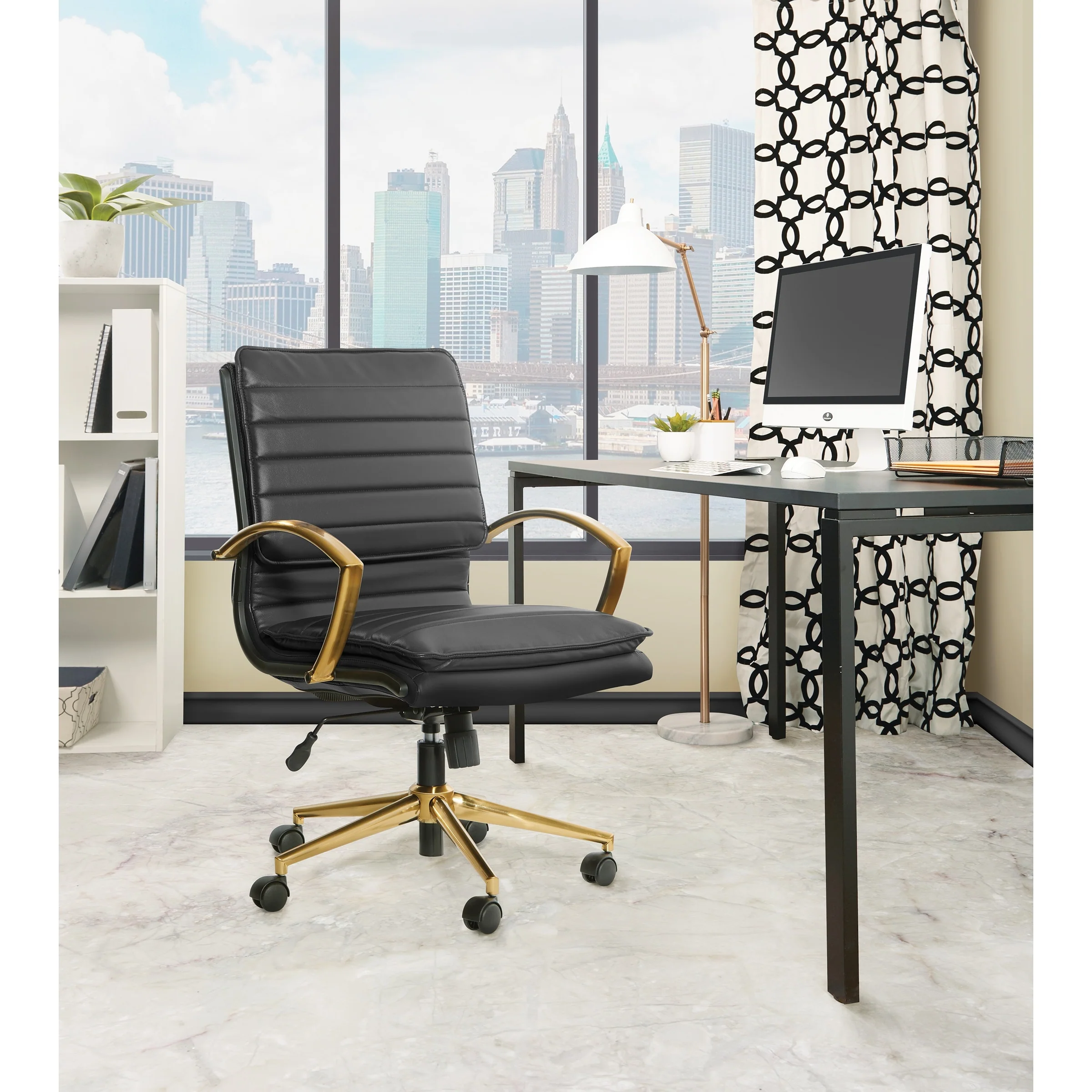 OS Home and Office Furniture Model Mid-Back Faux Leather Chair with Gold Finish in Black Faux Leather